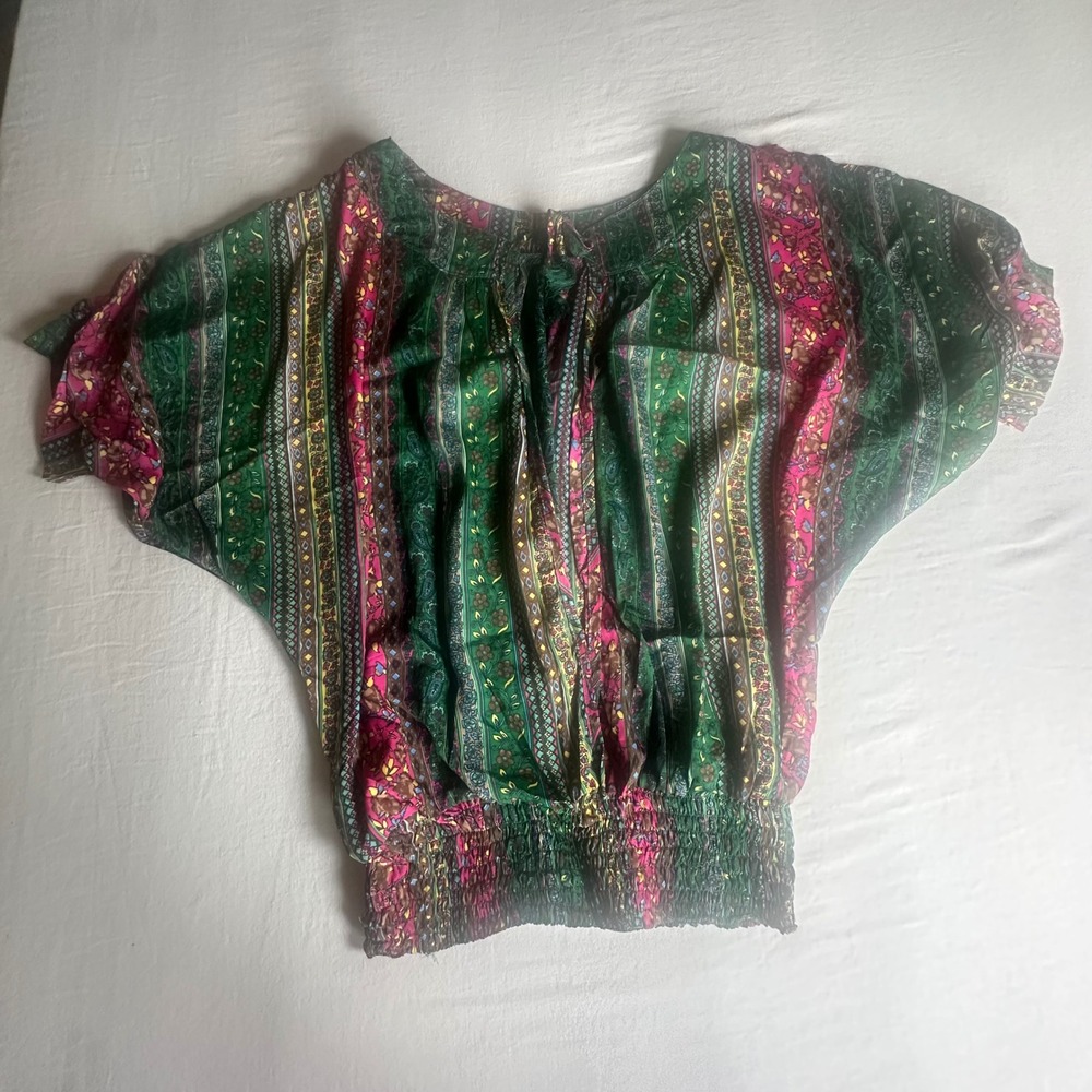 Karma Highway Women One Size Green Pink Paisley Viscose Smocked Waist Blouse Top